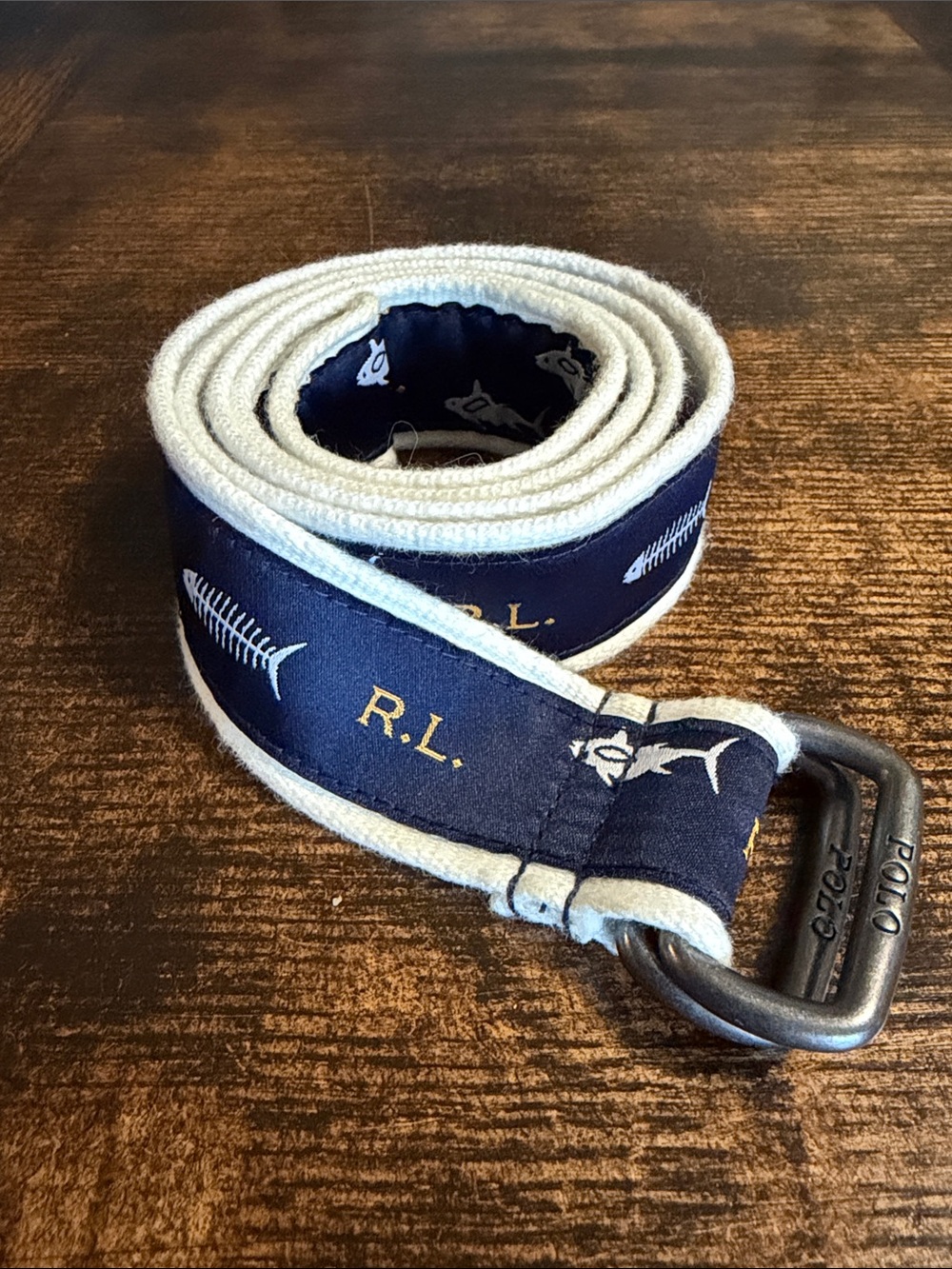 Polo by Ralph Lauren Navy Fish Embroidered Web Belt with White Trim